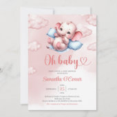 Invitation Bébé éléphant mignon dans lit bébé rose et bleu (Devant)