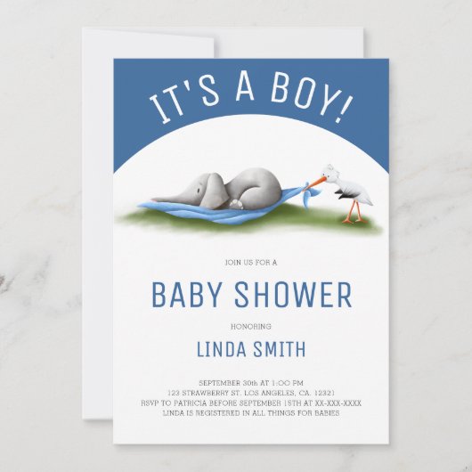 Invitation Bébé Eléphant mignon Douche garçon (Devant)