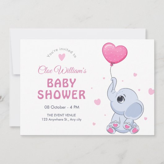 Invitation Bébé éléphant mignon et ballon  (Devant)