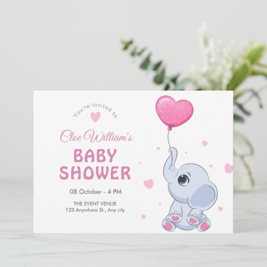 Invitation Bébé éléphant mignon et ballon  (Debout devant)