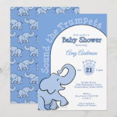 Invitation Bébé éléphant mignon Fête bébé bleu (Devant / Derrière)