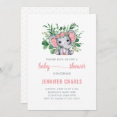 Invitation Bébé Eléphant mignon Fille Verdure Blanc (Devant / Derrière)