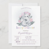 Invitation Bébé éléphant mignon fleurs pois fête de naissance (Devant)