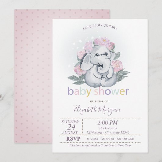 Invitation Bébé éléphant mignon fleurs pois fête de naissance (Devant / Derrière)