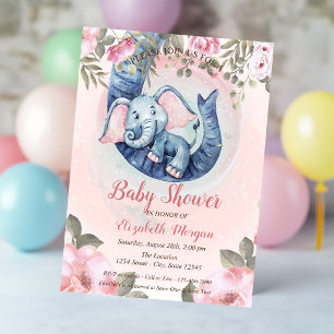 Invitation Bébé éléphant mignon floral points roses Baby Show