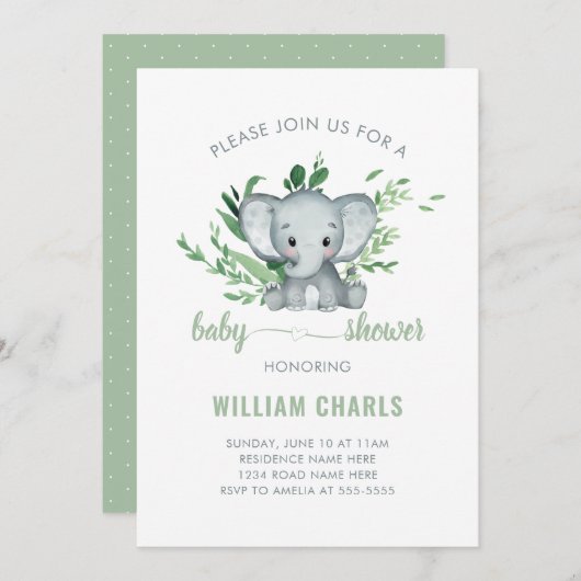 Invitation Bébé Eléphant mignon Garçon Vert Vert Blanc Vert (Devant / Derrière)