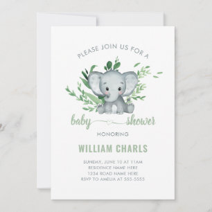 Invitation Bébé Eléphant mignon Garçon Vert Vert Blanc Vert