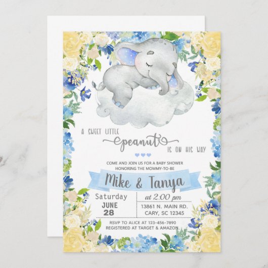 Invitation Bébé éléphant & nuage garçon baby shower invitatio (Devant / Derrière)