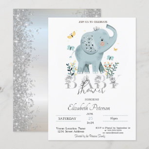 Invitation Bébé Éléphant Pailleté Argent Baby Shower