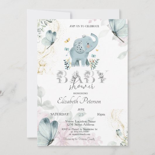 Invitation Bébé Eléphant Parties scintillant papillon Baby sh (Devant)