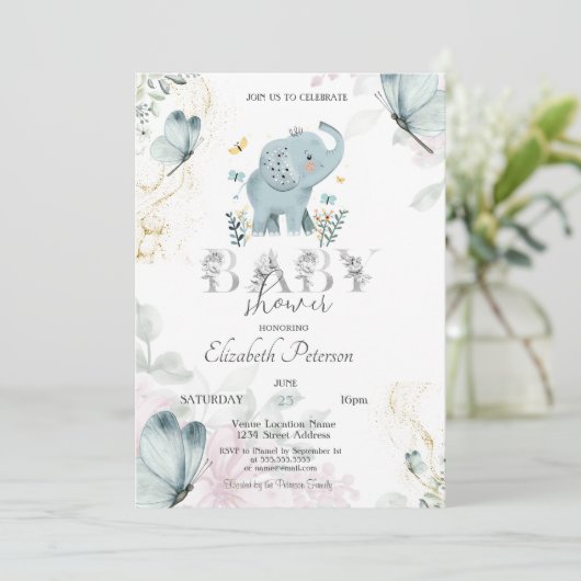 Invitation Bébé Eléphant Parties scintillant papillon Baby sh (Debout devant)