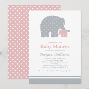 Invitation Bébé éléphant rose gris Fête de bébé fille Mère