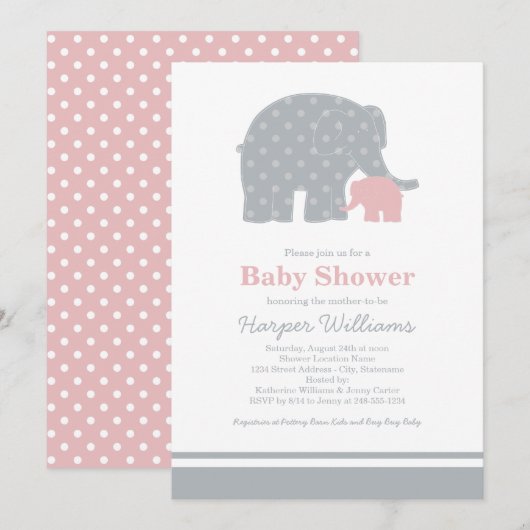 Invitation Bébé éléphant rose gris Fête de bébé fille Mère (Devant / Derrière)