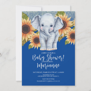 Invitation Bébé éléphant Shower Fleurs Jaunes Paillettes Bleu