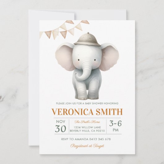 Invitation Bébé éléphant Shower Mixte (Devant)