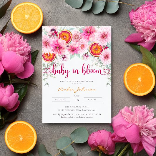 Invitation Bébé en agrumes de fleurs et Baby shower floral ro