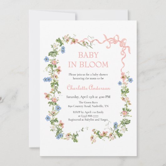 Invitation Bébé en Baby shower de la cou rose en fleur (Devant)