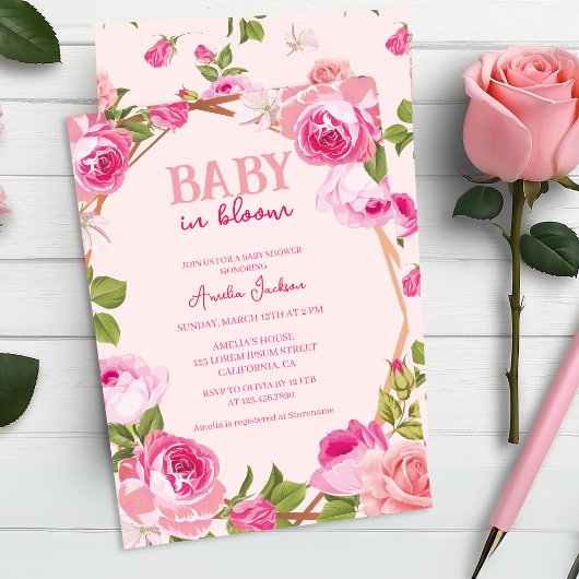 Invitation Bébé en Baby shower fleuri rose