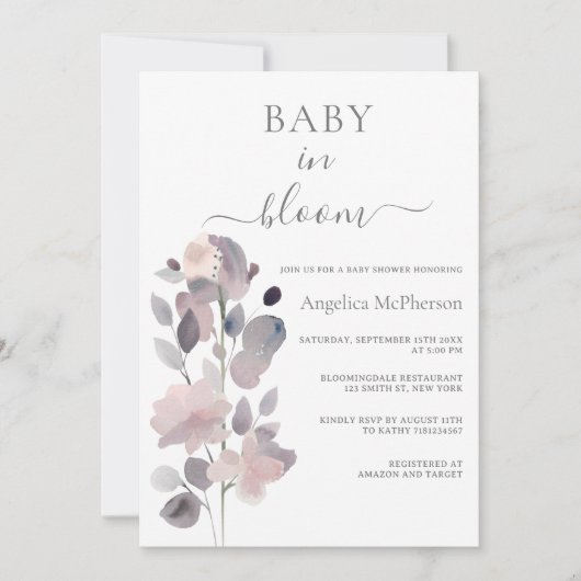INVITATION BÉBÉ EN BLOOM ASH PINK PASTEL PURPLE BLUSH FLORAL (Devant)
