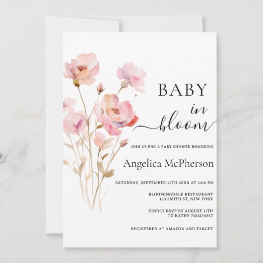 INVITATION BÉBÉ EN BLOOM ROSE BLEU EAU COULEUR DE L'EAU FLEUR (Devant)