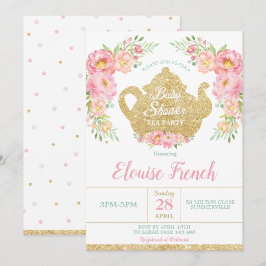 Invitation Bébé en bon état floral rose de partie de goûter (Devant / Derrière)