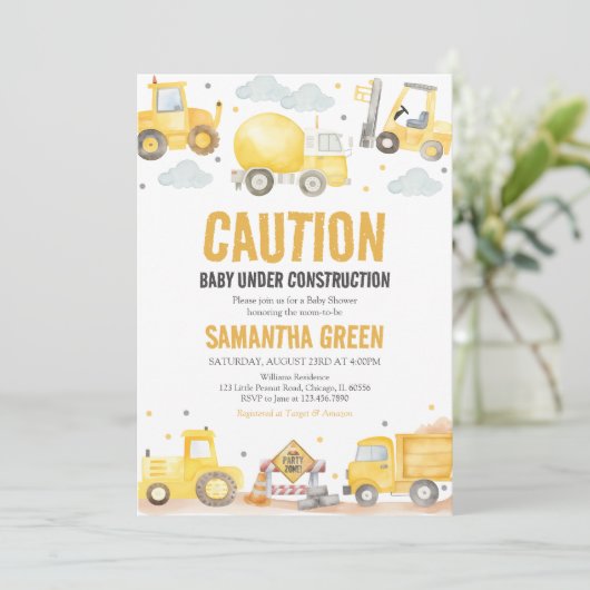 Invitation Bébé en construction Baby shower (Debout devant)