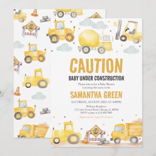 Invitation Bébé en construction Baby shower (Devant / Derrière)