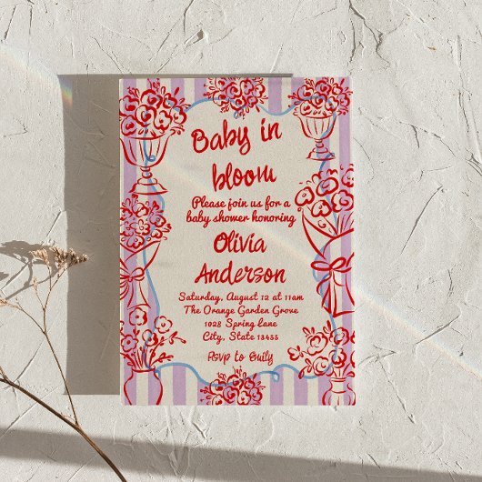 Invitation Bébé en Fleur à la main en fleurs Baby shower rétr
