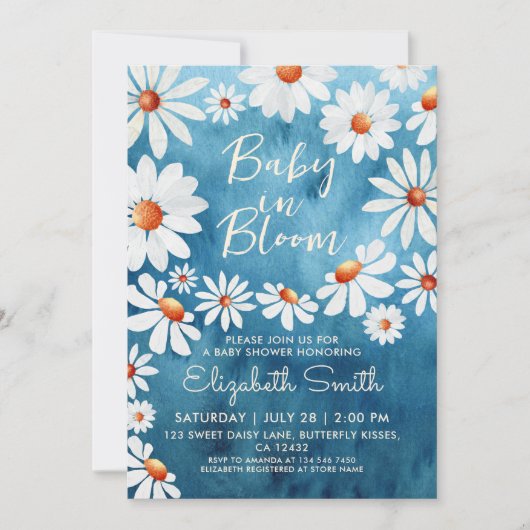 Invitation Bébé en Fleur Aquarelle Faisées Bleu (Devant)