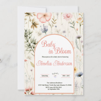 Invitation Bébé en Fleur Aquarelle Fleur sauvage Douche Flora