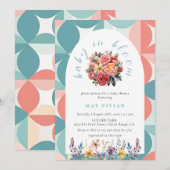 Invitation Bébé en Fleur Aquarelle Florale Carrelage bleu Dou (Devant / Derrière)