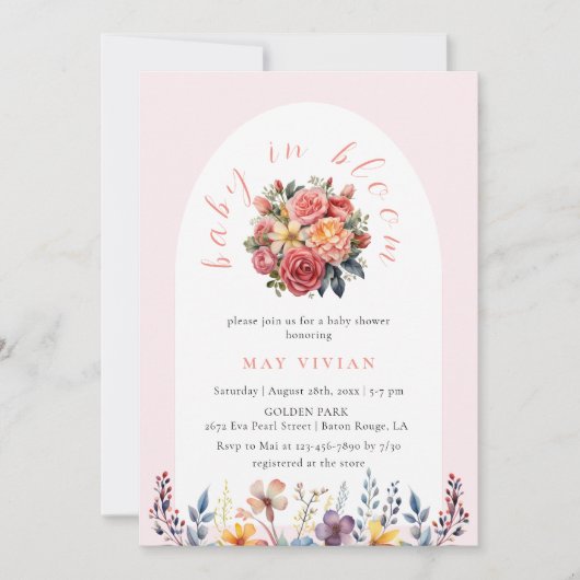 Invitation Bébé en Fleur Aquarelle Florale Carrelage rose Dou (Devant)