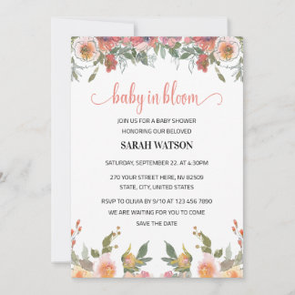 Invitation Bébé en Fleur Aquarelle Florale Fille Douche