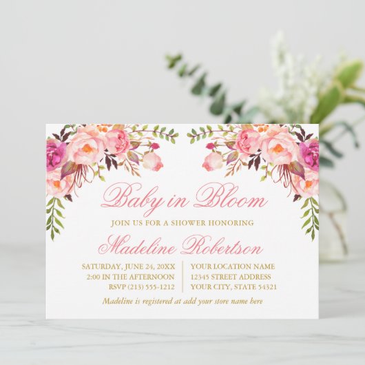 Invitation Bébé En Fleur Aquarelle Rose Floral Douche (Debout devant)