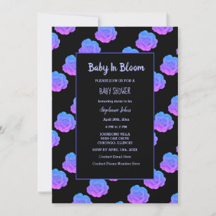 Invitation Bébé En Fleur Baby shower Bleu Violet Rose Noir
