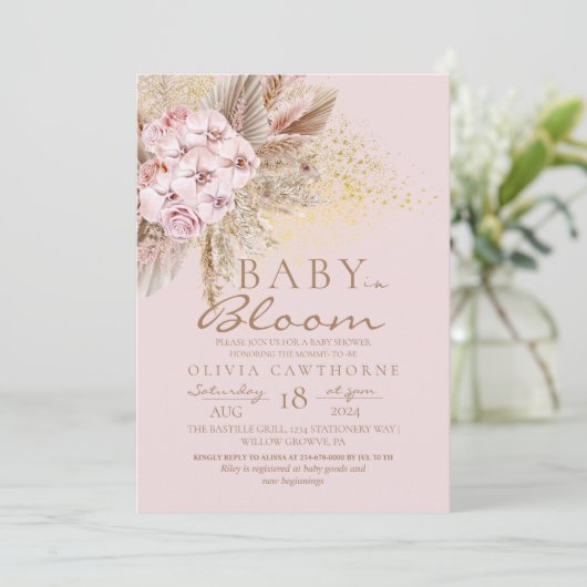 Invitation Bébé en fleur Baby shower Boho rose pâle (Debout devant)