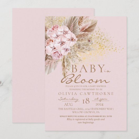 Invitation Bébé en fleur Baby shower Boho rose pâle (Devant / Derrière)