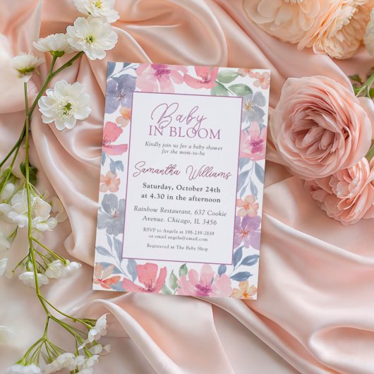 Invitation Bébé en Fleur Baby shower d'aquarelle rose