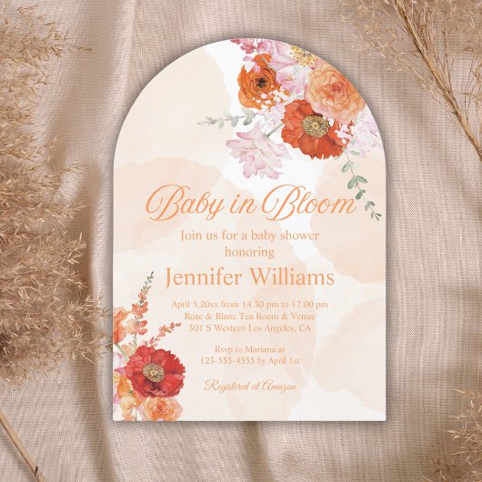 Invitation bébé en fleur, baby shower d'arc orangé fleuri