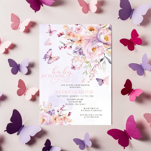 Invitation Bébé en fleur Baby shower de papillons rose pourpr