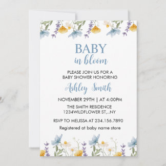 Invitation Bébé en Fleur Baby Shower Fleur Sauvage Bleue