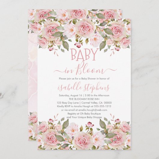Invitation Bébé en Fleur Baby shower Floral rose (Devant / Derrière)