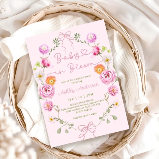 Invitation Bébé en fleur Baby shower floral rose Bow
