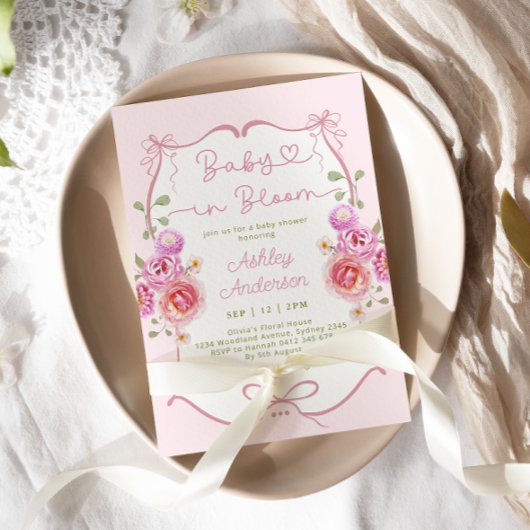 Invitation Bébé en fleur Baby shower floral rose Bow