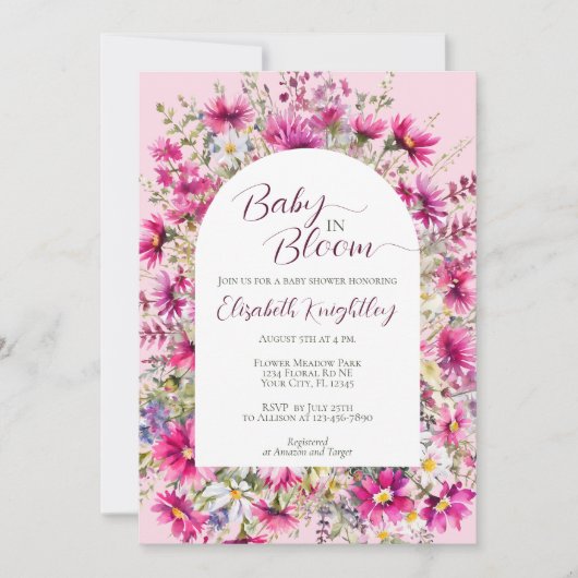 Invitation Bébé en Fleur Baby shower floral rose brillant (Devant)
