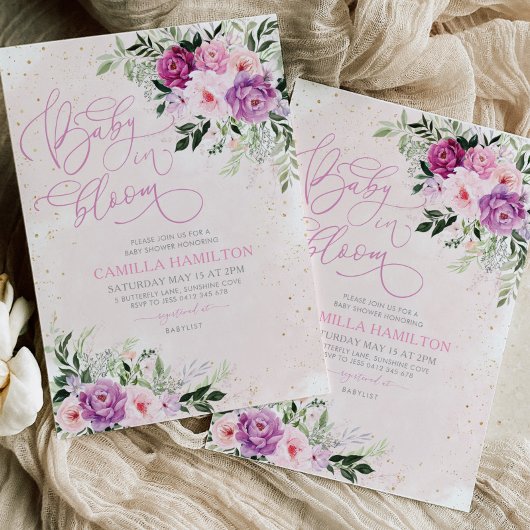 Invitation Bébé En Fleur Baby shower Floral Rose Violet
