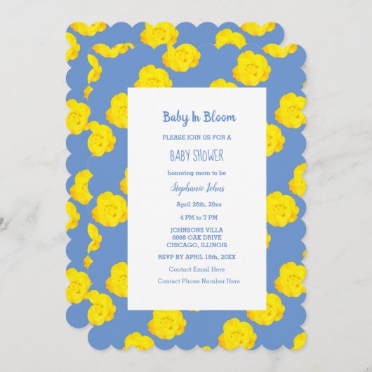 Invitation Bébé En Fleur Baby shower Jaune Cornflower Bleu (Devant / Derrière)