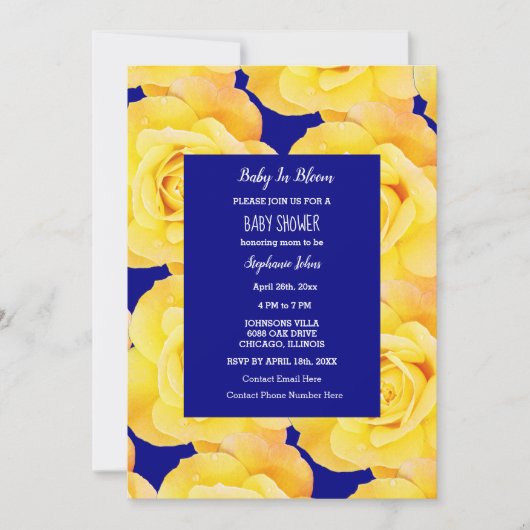 Invitation Bébé En Fleur Baby shower Jaune doré Roses Bleu (Devant)