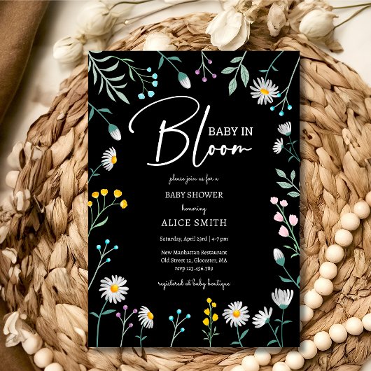 Invitation Bébé en fleur Baby shower marguerrier noir
