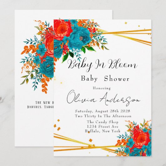 Invitation Bébé en Fleur Baby shower orange Turquoise (Devant / Derrière)